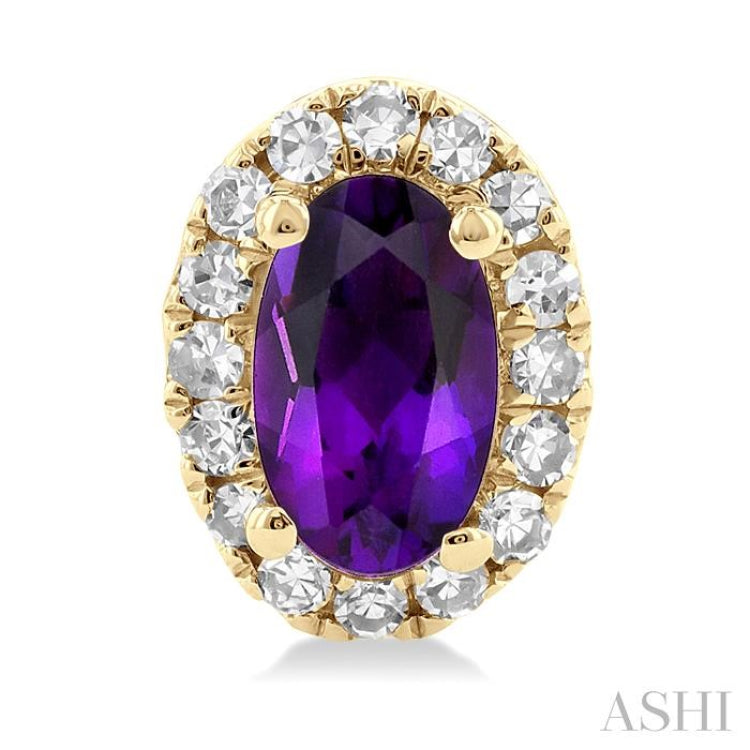 5x3 MM Oval Shape Amethyst and 1/8 Ctw Single Cut Diamond Halo Semi-Precious Stud Earrings in 14K Yellow Gold
