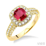 6x6 MM Cushion Cut Ruby and 7/8 Ctw Round Cut Diamond Precious Ring in 14K Yellow Gold