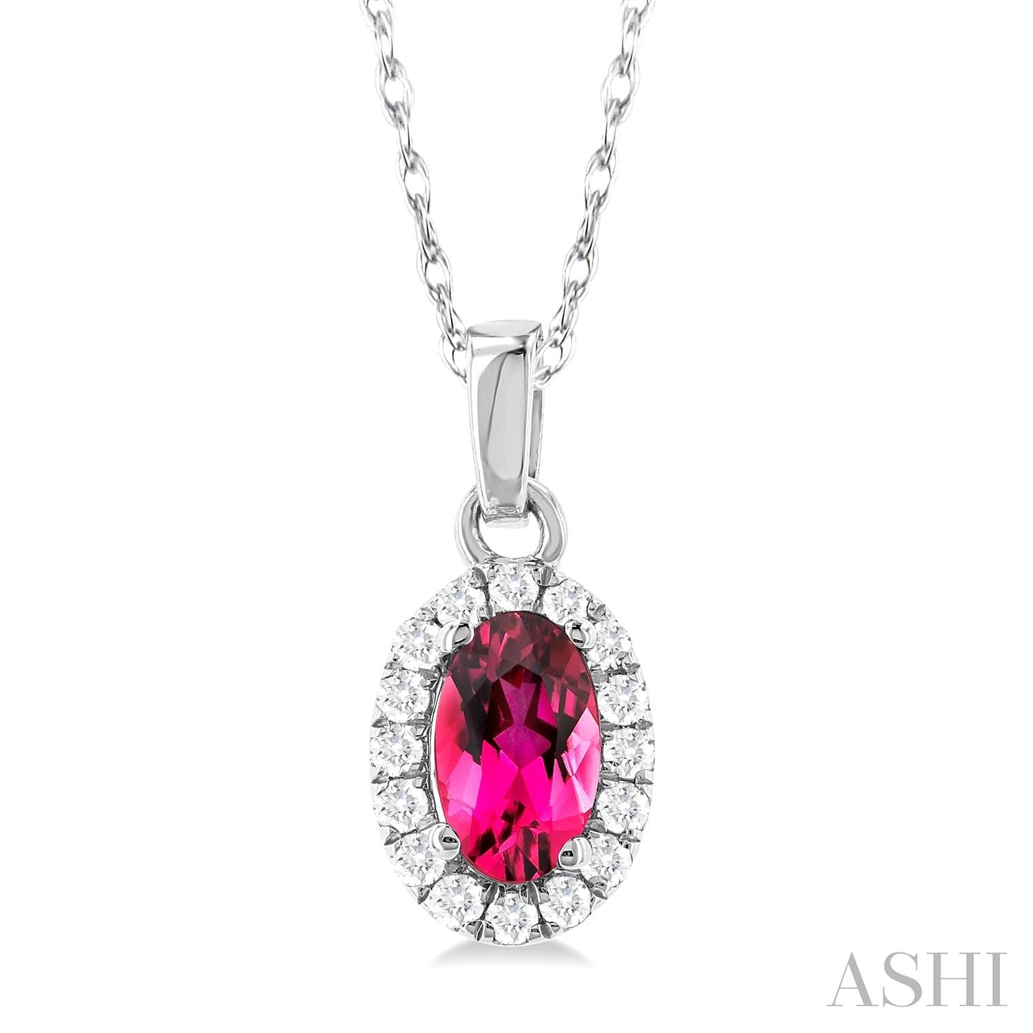 Diamond Halo Pink Tourmaline Birthstone Pendant - October