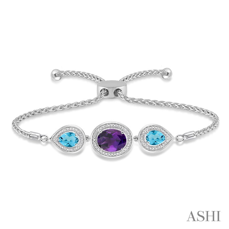 Oval & Pear Shape Silver Diamond & Gemstone Lariat Bracelet
