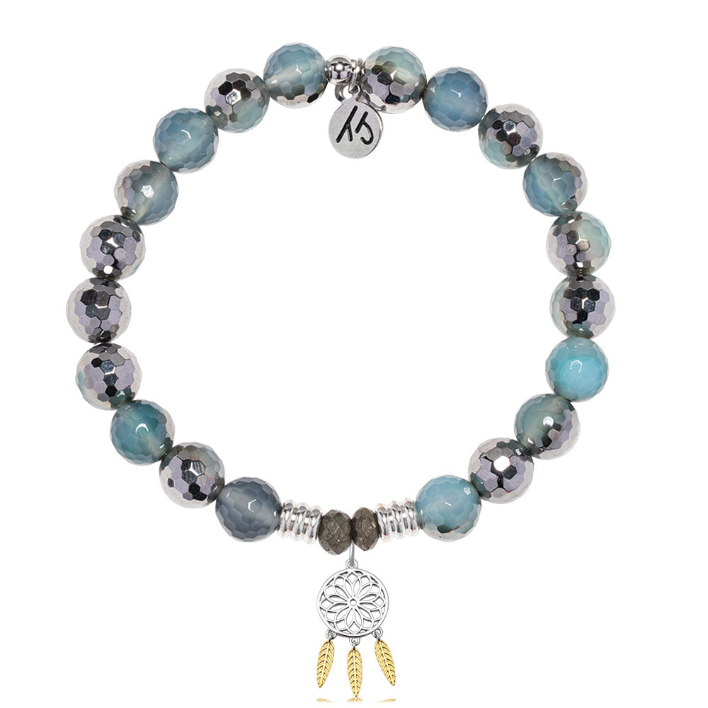 Blue Silver Agate Gemstone Bracelet with Dreamcatcher Sterling Silver Charm