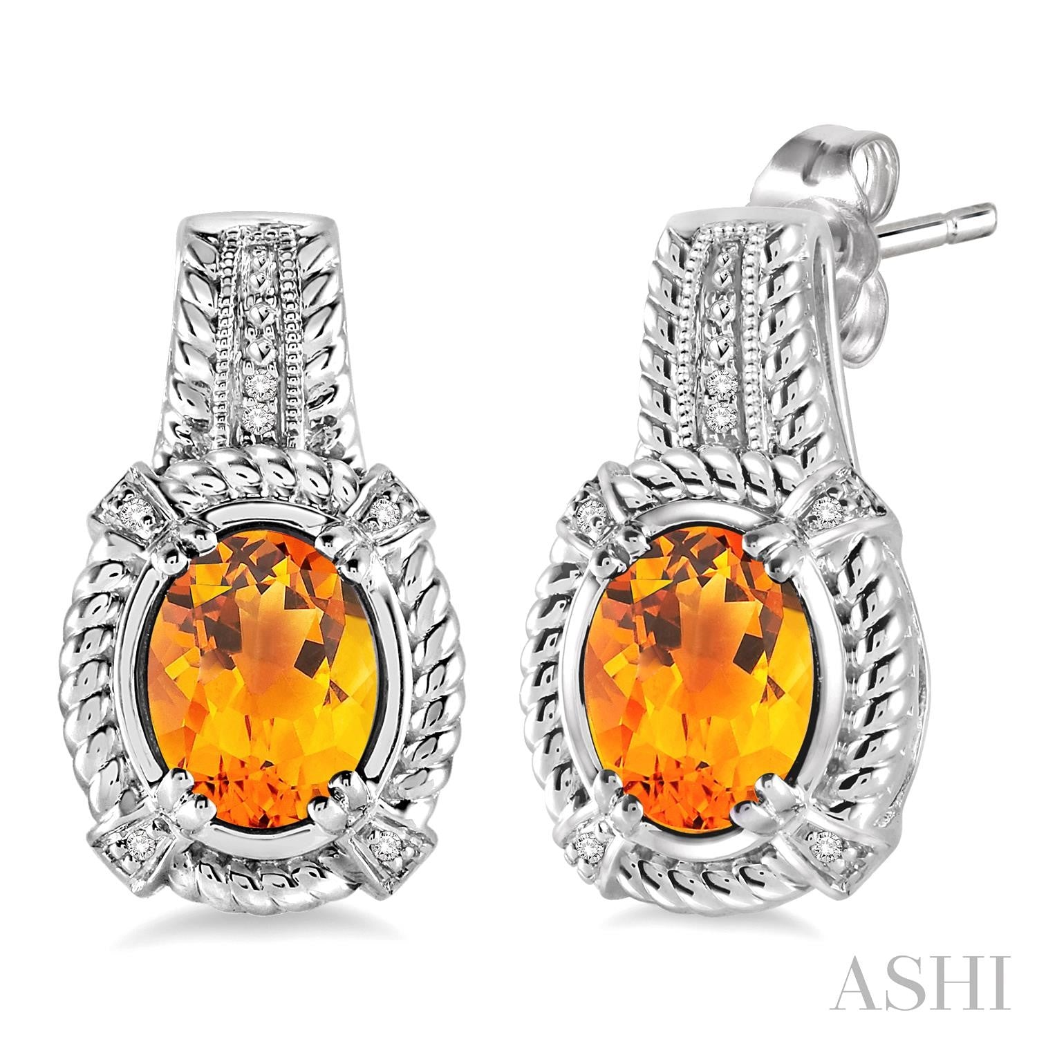 8x6 MM Oval Cut Citrine and 1/20 ctw Single Cut Diamond Earrings in Sterling Silver
