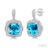 Silver Cushion Shape Blue Topaz & Diamond Earrings