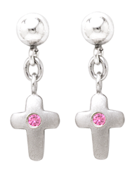 Children's Silver Dangle Cross Earrings with Pink Sapphire