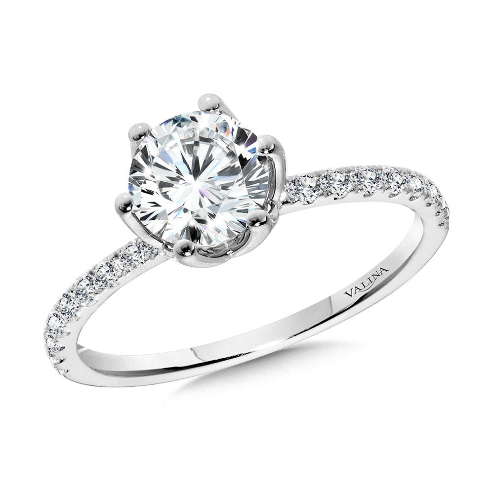 14kw .25ctw Round Diamond Thin Shank Semi Mount w/ 6 prong Tulip Head for 1ct Rnd Center