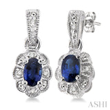 Oval Shape Silver Sapphire & Diamond Earrings