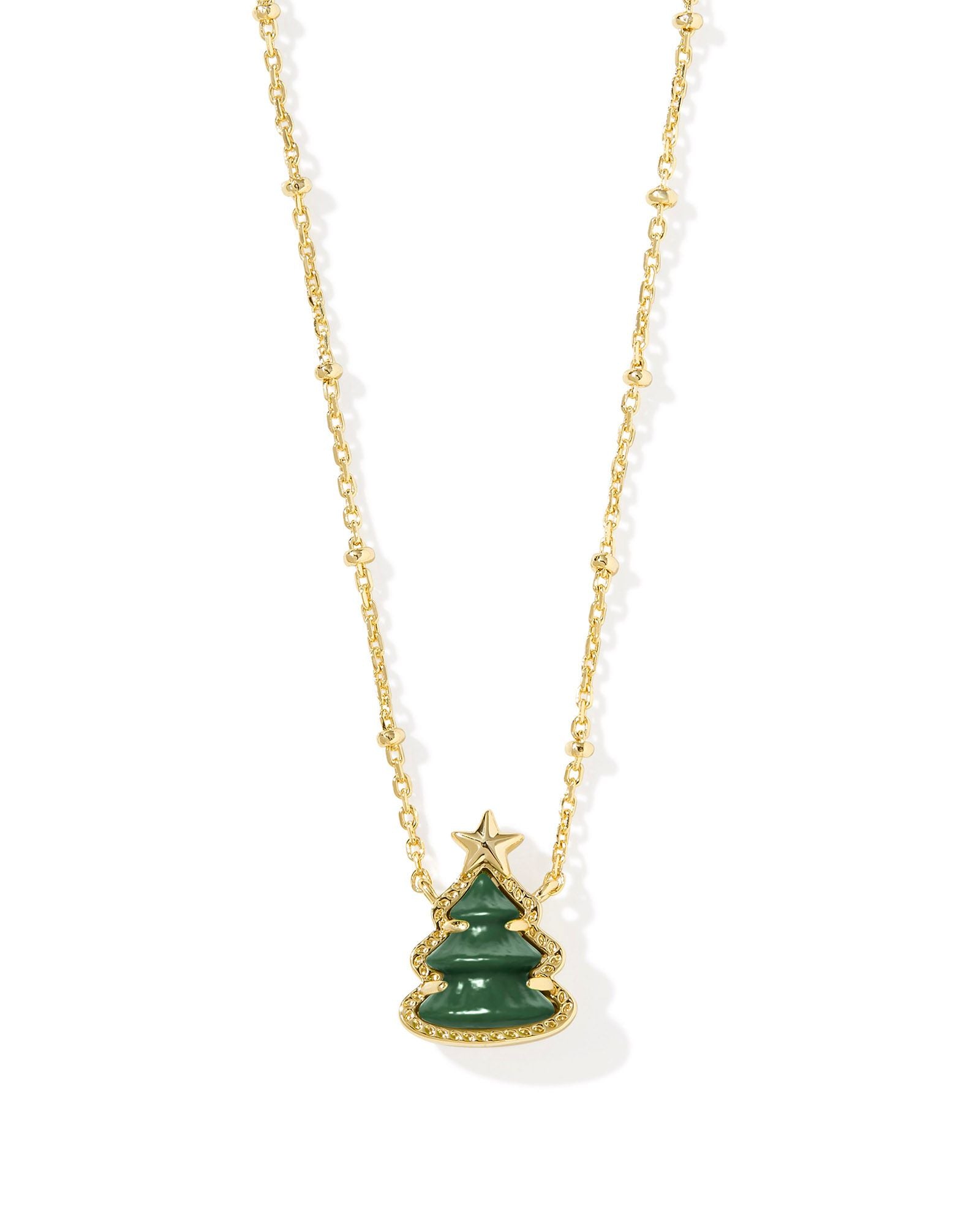 Kendra Scott Holiday Tree Gold Short Pendant Necklace in Green Quartzite