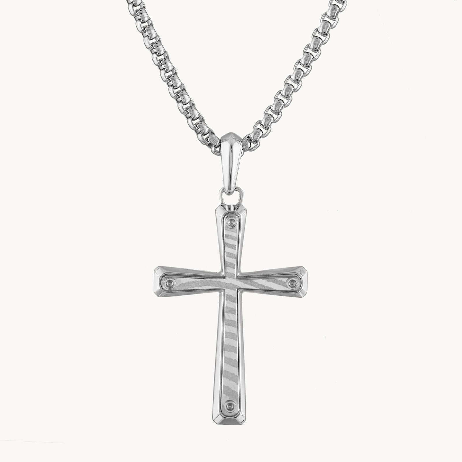 Bulova Sterling Silver Cross with Damascus Steel Inlay