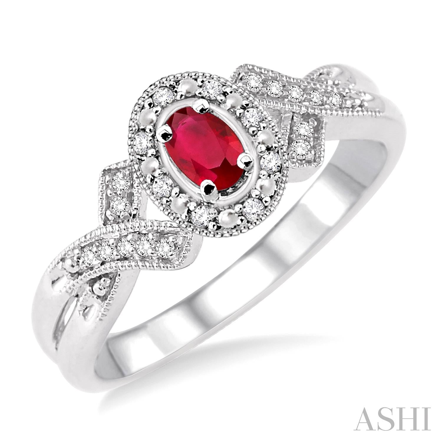 Silver Oval Shape Ruby & Halo Diamond Ring