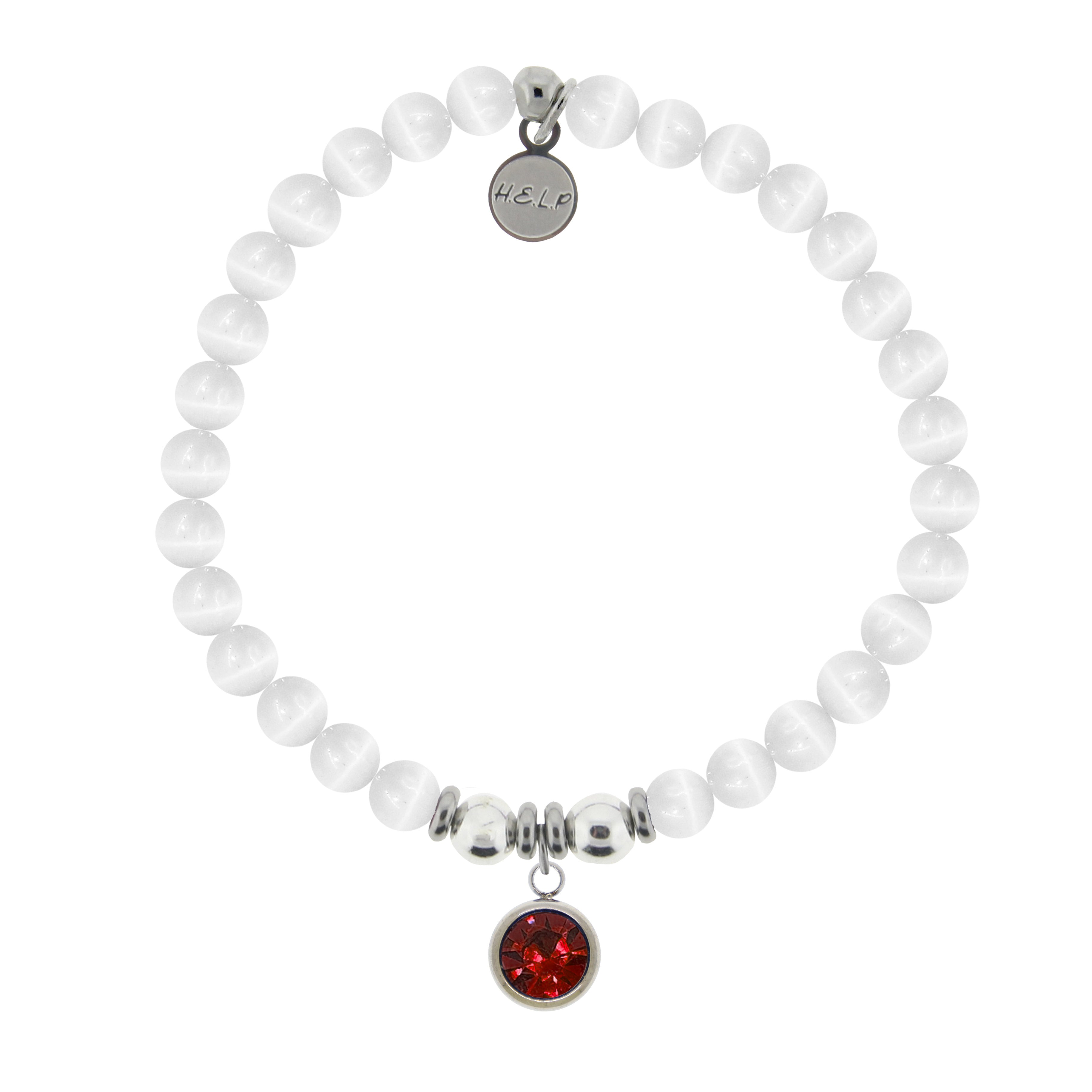 HELP Collection: Birthstone Collection - July Ruby Crystal Charm with White Cats Eye Charity Bracelet
