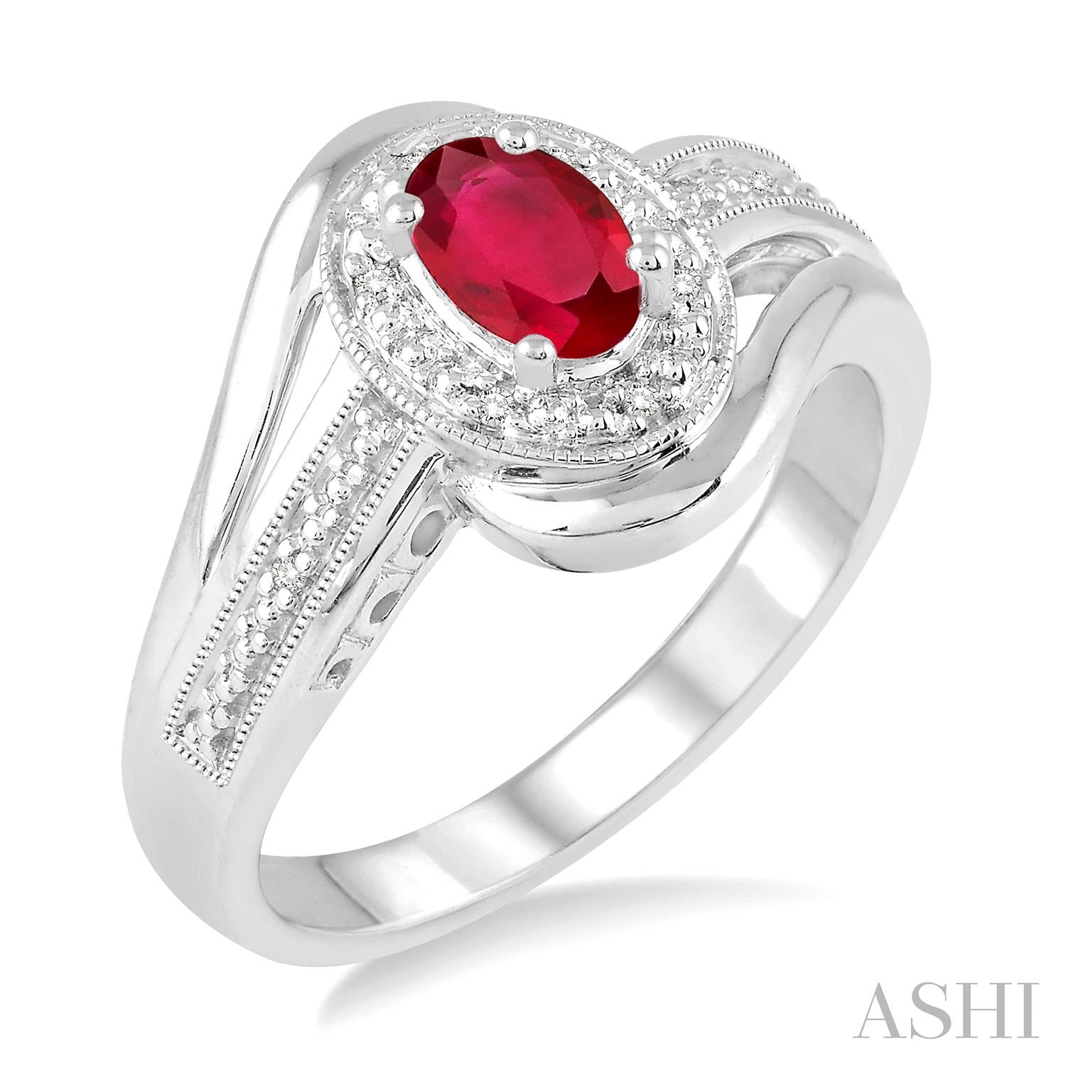Sterling Silver Oval Shape Ruby & Diamond Ring