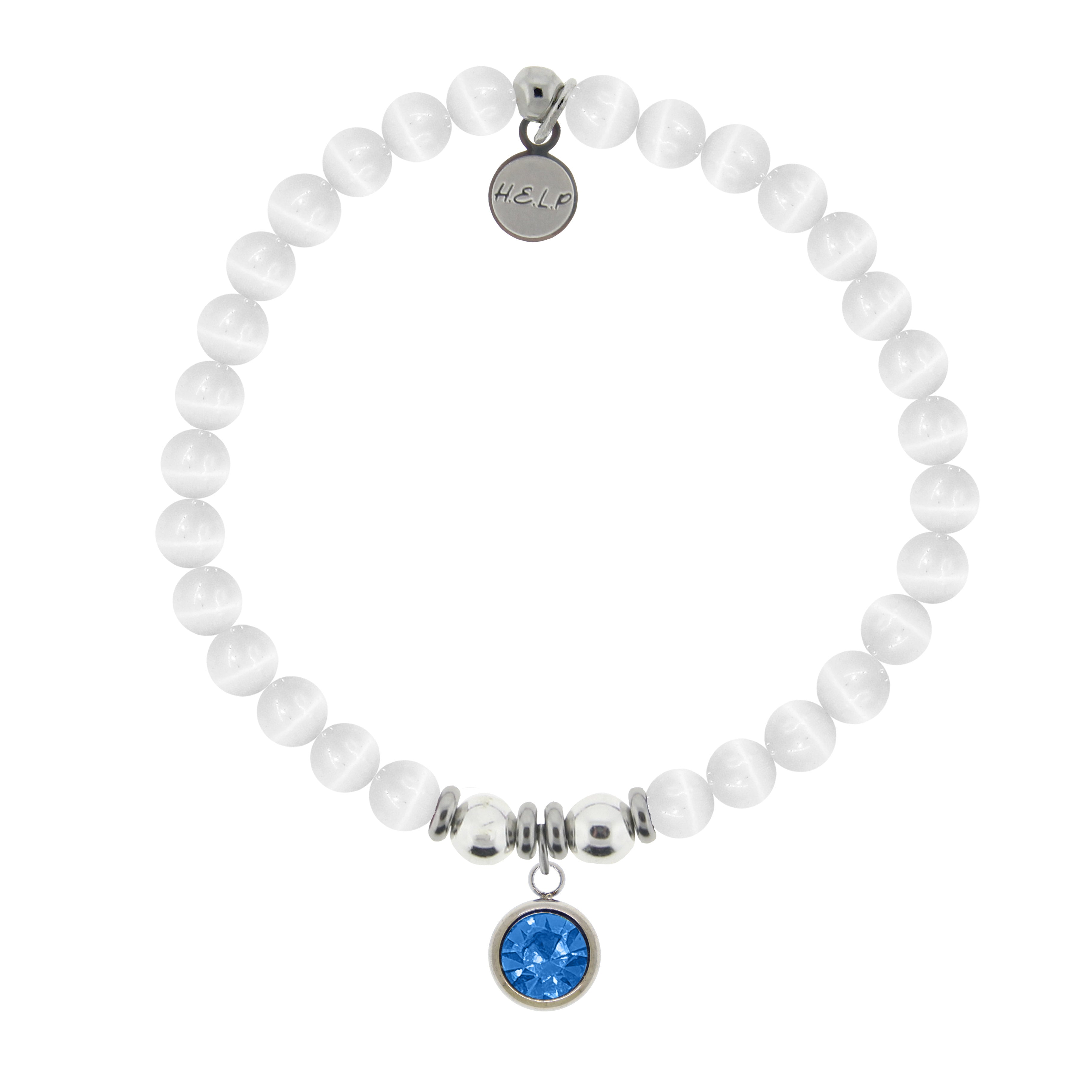 HELP Collection: Birthstone Collection - December Blue Topaz Crystal Charm with White Cats Eye Charity Bracelet