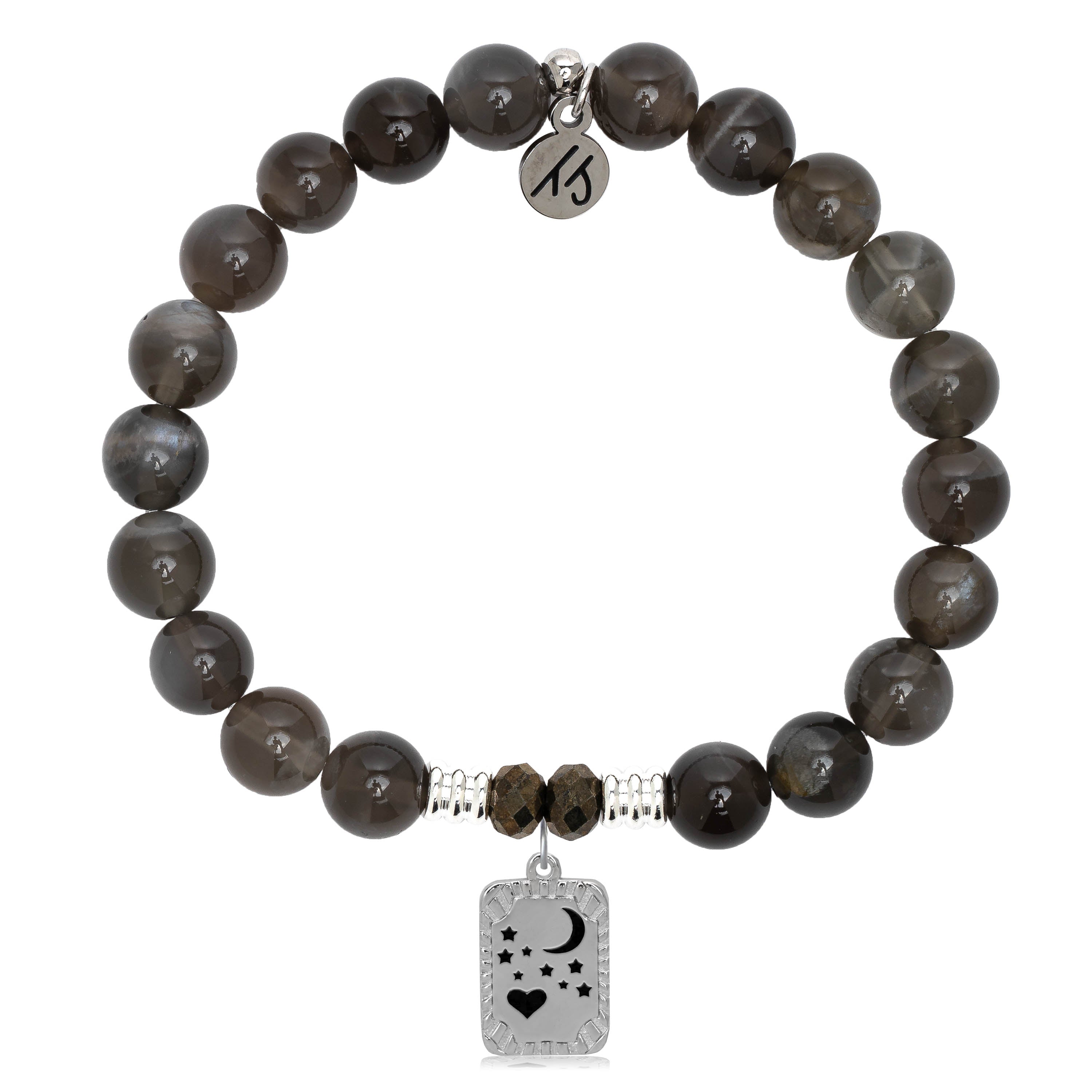 Black Moonstone Stone Bracelet with Moon and Back Sterling Silver Charm