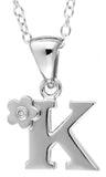Children's Silver Letter K Pendant With Diamond Flower Accent