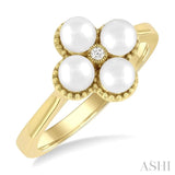 4 MM Clover Cultured Pearl and 1/50 Ctw Round Cut Diamond Fashion Ring in 10K Yellow Gold