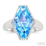16x10 MM Hexagon Shape Blue Topaz and 1/10 Ctw Round Cut Diamond Halo Semi-Precious Ring in 14K White Gold