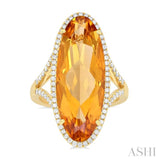 26x10 MM Oval Cut Citrine and 1/2 Ctw Round Cut Diamond Halo Semi-Precious Ring in 14K Yellow Gold