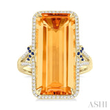 22x10 MM Emerald Cut Citrine and 0.80 MM Round Sapphire & 1/4 Ctw Round Cut Diamond Halo Precious & Semi-Precious Ring in 14K Yellow Gold