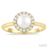 6 MM White Cultured Pearl and 1/6 Ctw Round Cut Diamond Halo Ring in 14K Yellow Gold