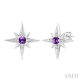 3 MM Round Cut Amethyst and 1/20 Ctw Round Cut Diamond Semi-Precious Fashion Earrings in Sterling Silver