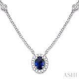 6x4 MM Oval Cut Sapphire and 1/6 Ctw Round Cut Diamond Necklace in 14K White Gold