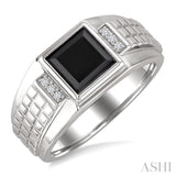 8x8 MM Princess Shape Onyx and 1/20 Ctw Single Cut Diamond Semi-precious Men's Ring in Sterling Silver