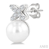 6 MM Cultured Pearl and 1/10 Ctw Round Cut Diamond Floral Fashion Earrings in 14K White Gold