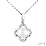 6 MM Cultured Pearl and 1/10 Ctw Single Cut Diamond Clover Petite Fashion Pendant With Chain in 10K White Gold