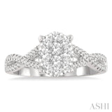 5/8 Ctw Oval Shape Center Split Criss-Cross Shank Lovebright Round Cut Diamond Engagement Ring in 14K White Gold