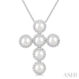 4 MM Cross Cultured Pearl and 1/3 Ctw Round Cut Diamond Pendant With Chain in 14K White Gold