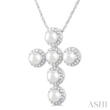 4 MM Cross Cultured Pearl and 1/3 Ctw Round Cut Diamond Pendant With Chain in 14K White Gold