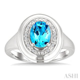 8x6 MM Oval Shape Blue Topaz and 1/20 Ctw Single Cut Diamond Semi-precious Ring in Sterling Silver