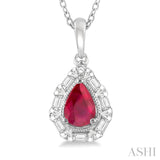 6x4 MM Pear Shape Ruby and 1/5 Ctw Baguette and Round Cut Diamond Precious Pendant With Chain in 14K White Gold