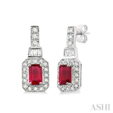 5x3 MM Emerald Shape Ruby and 1/4 Ctw Round and Baguette Cut Diamond Earrings in 14K White Gold