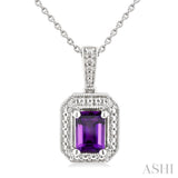 7X5 MM Octagon Shape Amethyst and 1/50 Ctw Single Cut Diamond Semi-precious Pendant With Chain in Sterling Silver