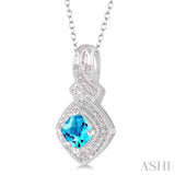 5x5 MM Cushion Shape Blue Topaz and 1/50 Ctw Round Cut Diamond Sterling Silver Pendant With Cable Chain