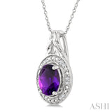 9X7 MM Oval Shape Amethyst and 1/20 Ctw Single Cut Diamond Semi-precious Pendant With Chain in Sterling Silver