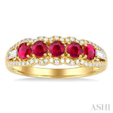3.1 MM Round Ruby and 1/4 Ctw Baguette and Single Cut Diamond 5-Stone Precious Ring in 14K Yellow Gold