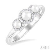 1/8 Ctw Past, Present & Future 4MM & 3MM Cultured Pearl and Round Cut Diamond Halo Ring in 14K White Gold