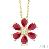 4X3 MM Floral Blossom Pear Cut Ruby and 1/20 Ctw Round Cut Diamond Precious Pendant With Chain in 14K Yellow Gold