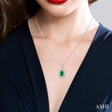 6x4 MM Oval Cut Emerald and 1/6 Ctw Round Cut Diamond Precious Pendant in 14K White Gold with Chain