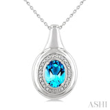 8X6 MM Oval Shape Blue Topaz and 1/20 Ctw Round Cut Diamond Semi-precious Pendant With Chain in Sterling Silver