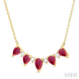 5x3 MM & 4x3 MM Pear Cut Ruby and 1/8 Ctw Round Cut Diamond Precious Necklace in 14K Yellow Gold