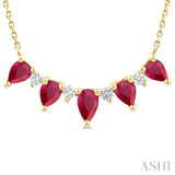 5x3 MM & 4x3 MM Pear Cut Ruby and 1/8 Ctw Round Cut Diamond Precious Necklace in 14K Yellow Gold