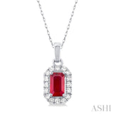 5x3 MM Octagonal Shape Ruby and 1/20 Ctw Single Cut Diamond Halo Precious Pendant with Chain in 10K White Gold