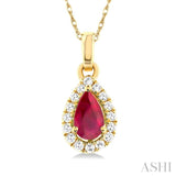 5x3 MM Pear Shape Ruby and 1/20 Ctw Single Cut Diamond Halo Precious Pendant with Chain in 14K Yellow Gold