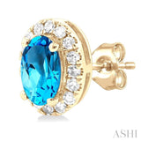 5x3 MM Oval Shape Blue Topaz and 1/8 Ctw Single Cut Diamond Halo Semi-Precious Stud Earrings in 10K Yellow Gold
