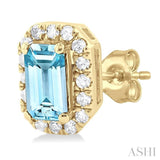 5x3 MM Octagonal Shape Aquamarine and 1/8 Ctw Single Cut Diamond Halo Semi-Precious Stud Earrings in 14K Yellow Gold