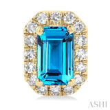 5x3 MM Octagonal Shape Blue Topaz and 1/8 Ctw Single Cut Diamond Halo Semi-Precious Stud Earrings in 14K Yellow Gold