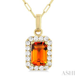 6x4 MM Octagonal Shape Citrine and 1/6 Ctw Round Cut Diamond Halo Semi-Precious Pendant with Chain in 10K Yellow Gold